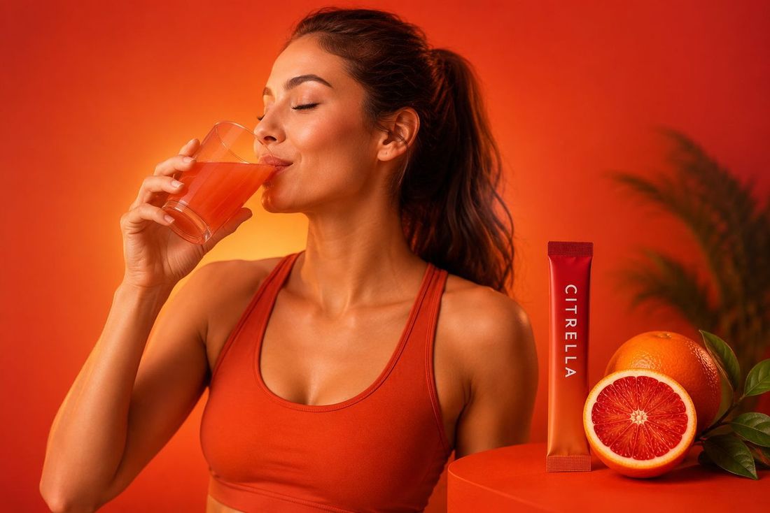 Femme buvant un verre de boisson à l’orange sanguine, un slim stick Citrella et une demi orange posés à côté