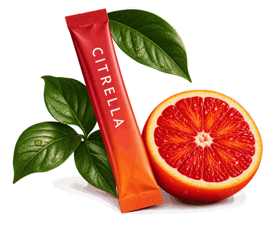 Slim stick Citrella devant une demi orange sanguine et des feuilles vertes
